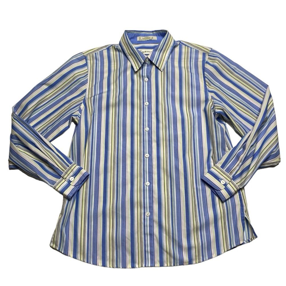 Orvis Carefree Striped Button Down Shirt Blue Yellow Spring Summer Office Sz 8